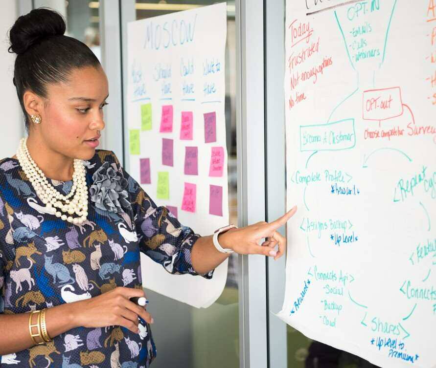 Woman pointing at a workflow chart.